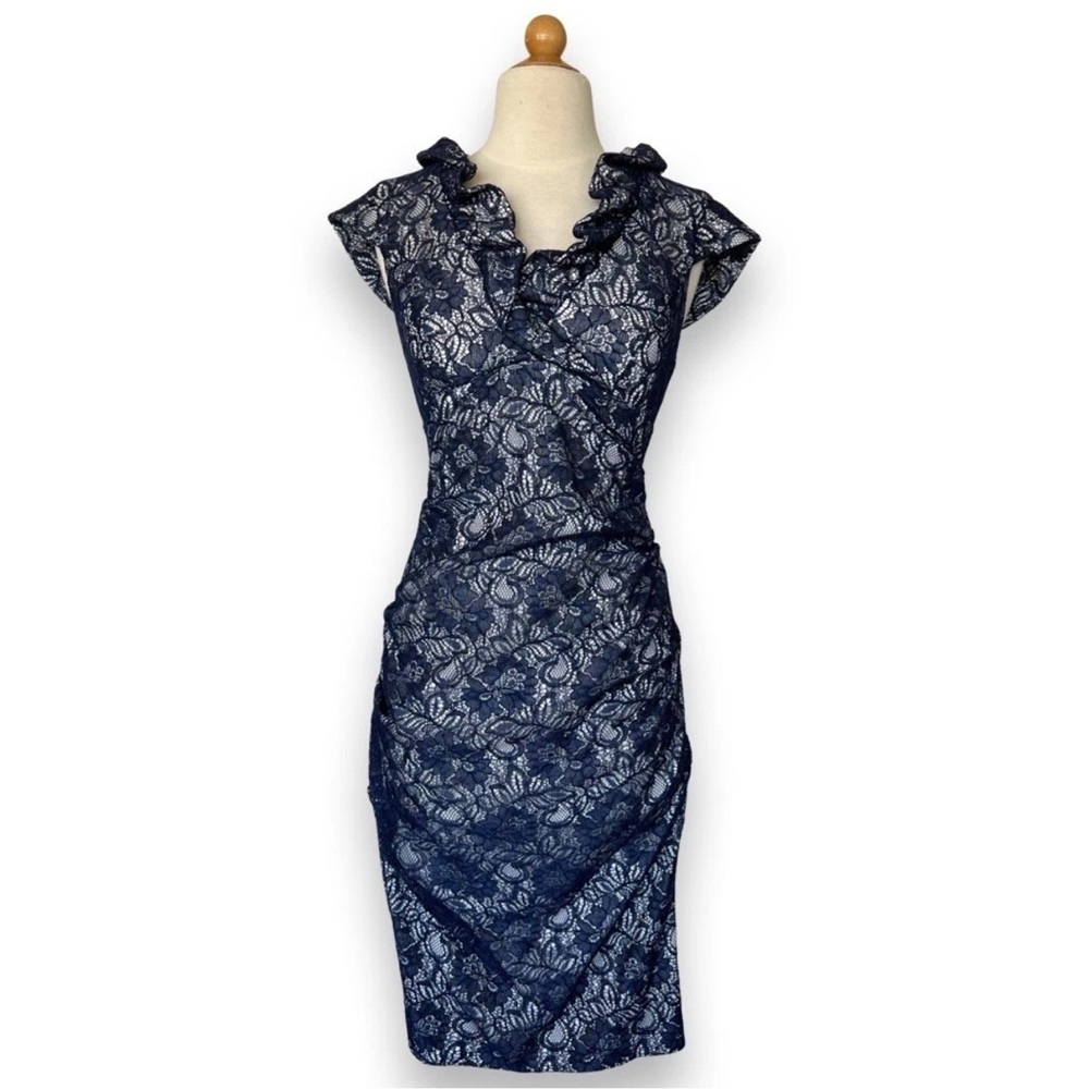 Xscape Lace midi dress ruffle shaping Bodycon cap sleeve ruched dark blue size 4 - Picture 2 of 9